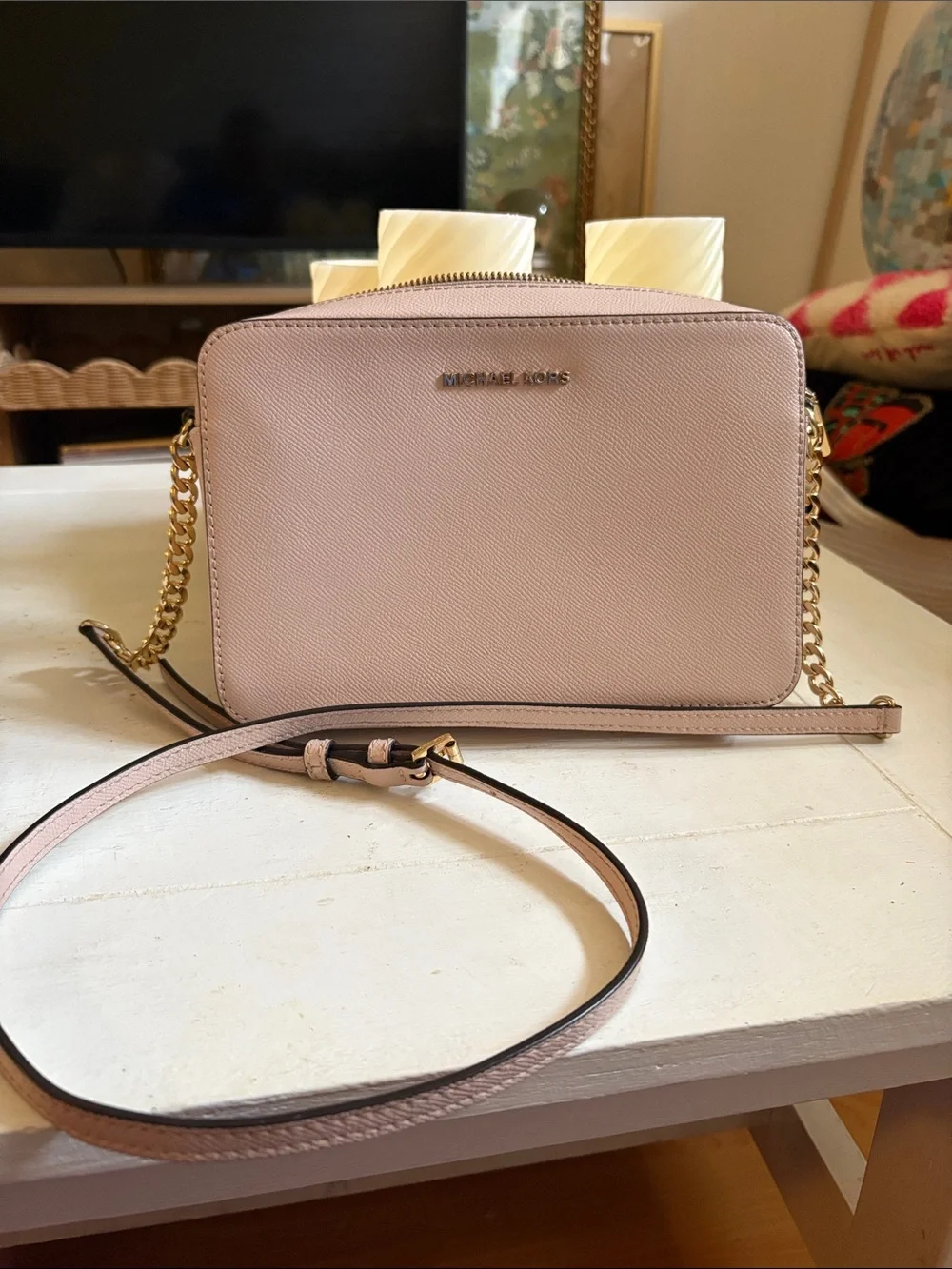 Michael Kors Blush Pink Saffiano Leather Crossbody with Gold Chain